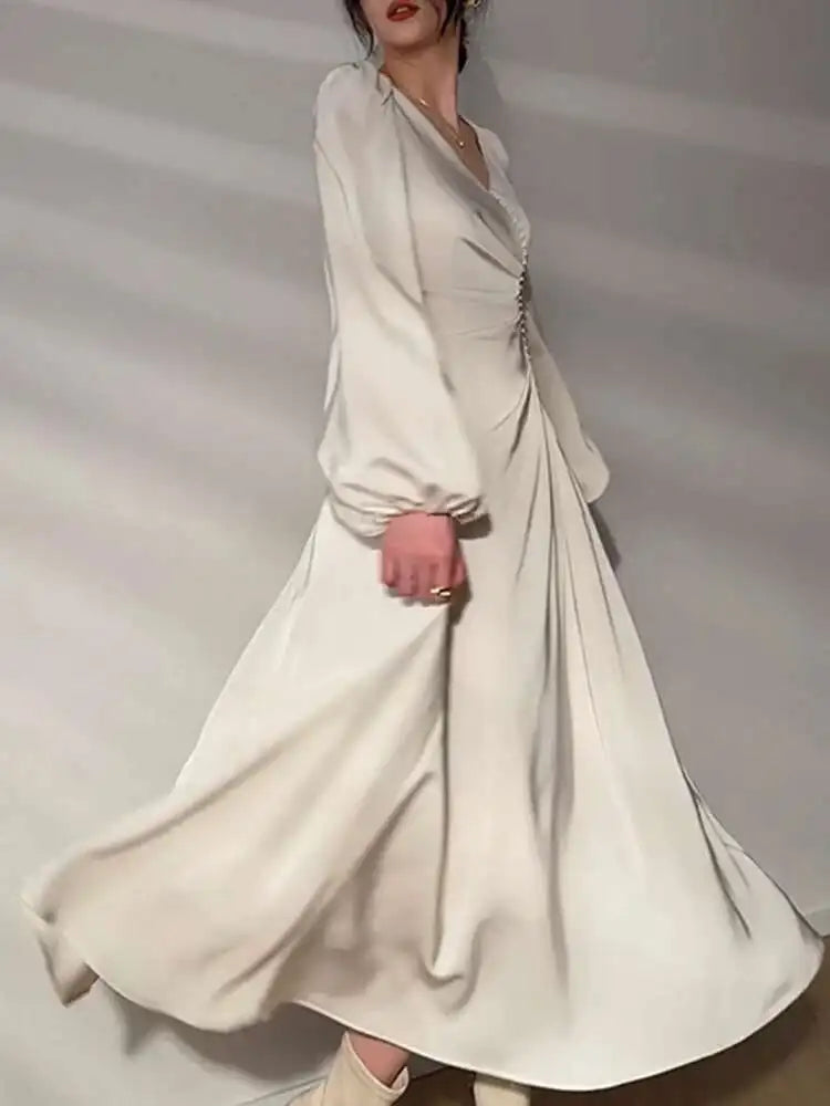 Cream Satin Midi Dress with Pearls