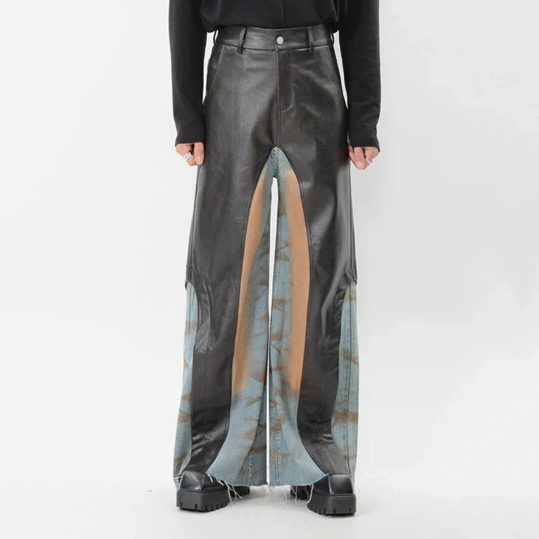 High-End Men's Faux Leather Wide-Leg Jeans