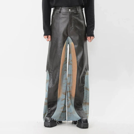 High-End Men's Faux Leather Wide-Leg Jeans