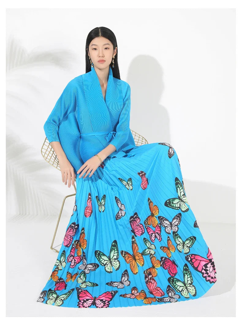 Women's Butterfly Pleated Modest Top & Flowy Skirt