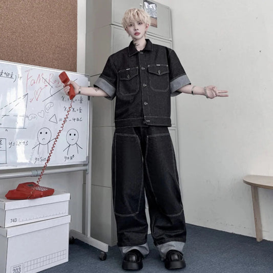 Men's Oversized Black Denim Two-Piece Set