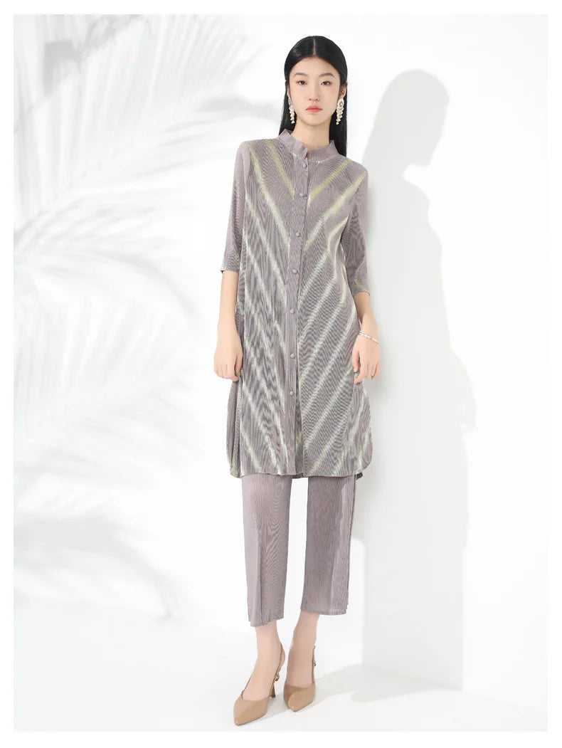Petite Plissé Pleated 3/4 Sleeve 2-Piece Pant Set