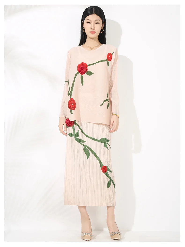 Floral Pleated Ensemble with Top & Midi Skirt