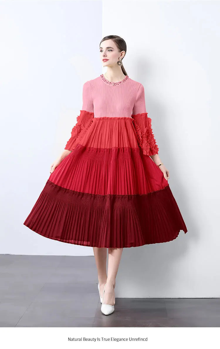 Ombre Pleated Dress - Ruffle Sleeve