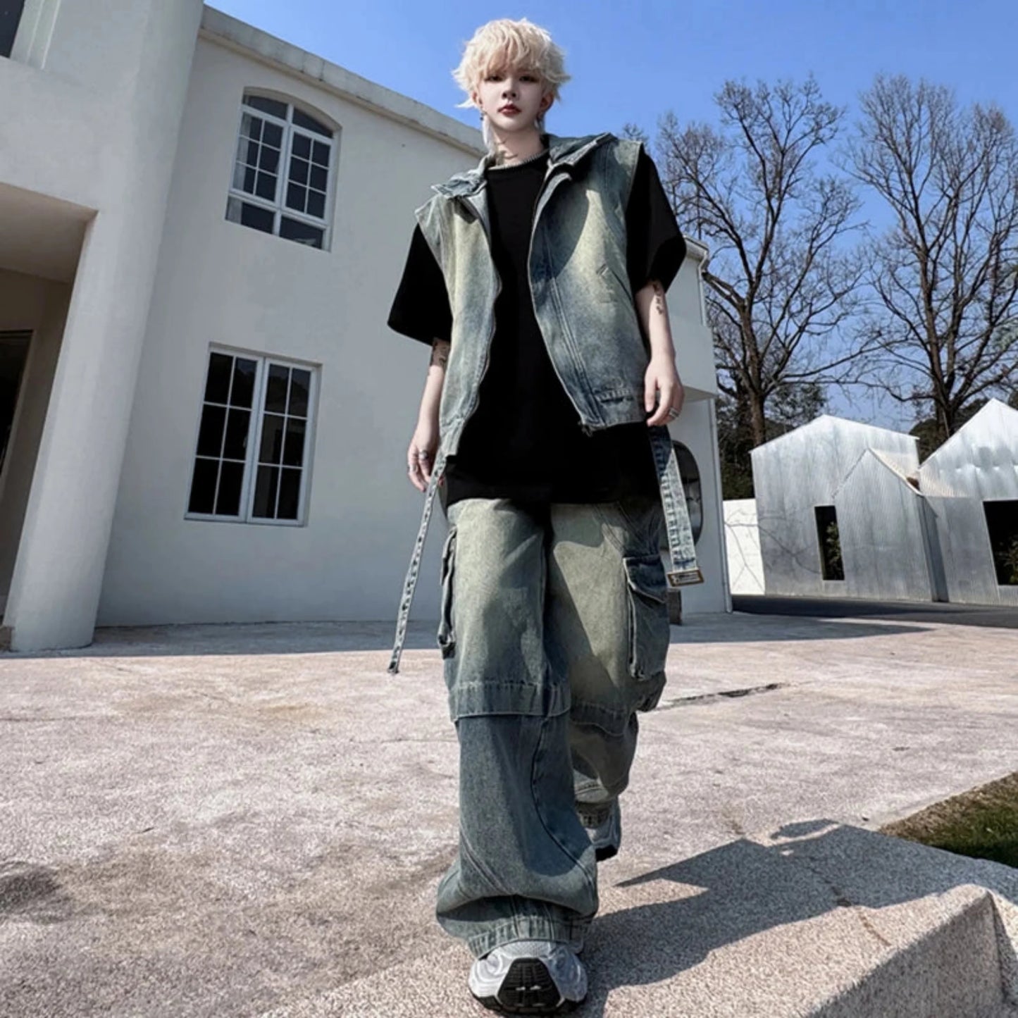 Men's Denim Hooded Vest & Wide-Leg Cargo Pants