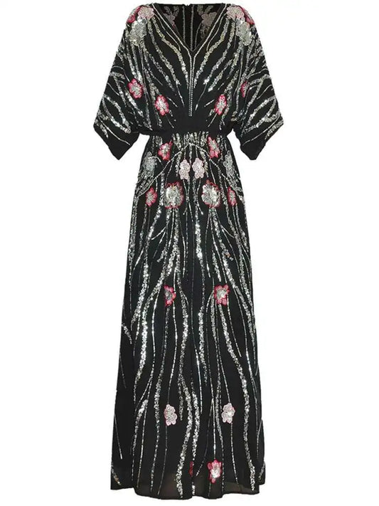Flowy Sequin-Adorned Evening Dress