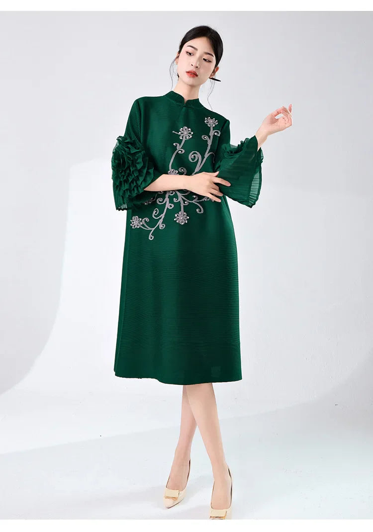 Women's Pleated Dress with Ruffle Sleeves â€?Elegant & Stylish