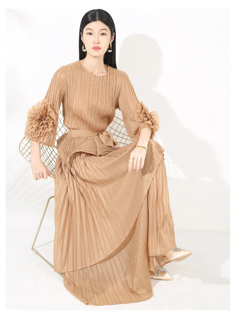 High-End Pleated Midi Skirt Set - Statement Sleeves