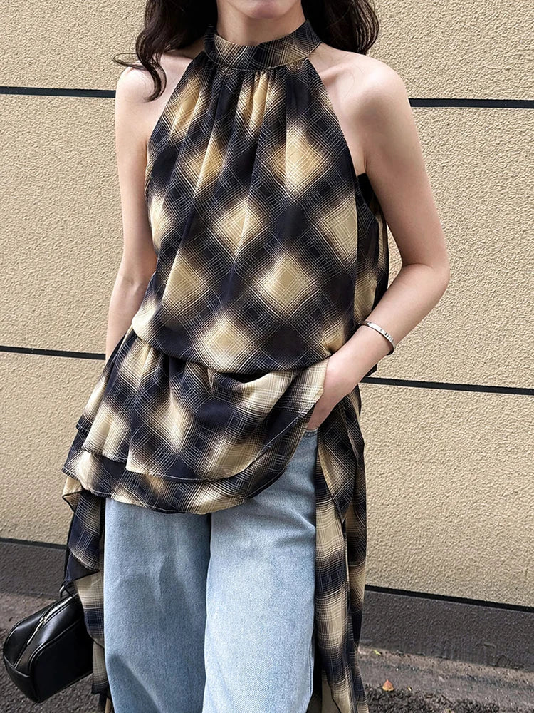 Plaid Asymmetric Halter High-Low Top