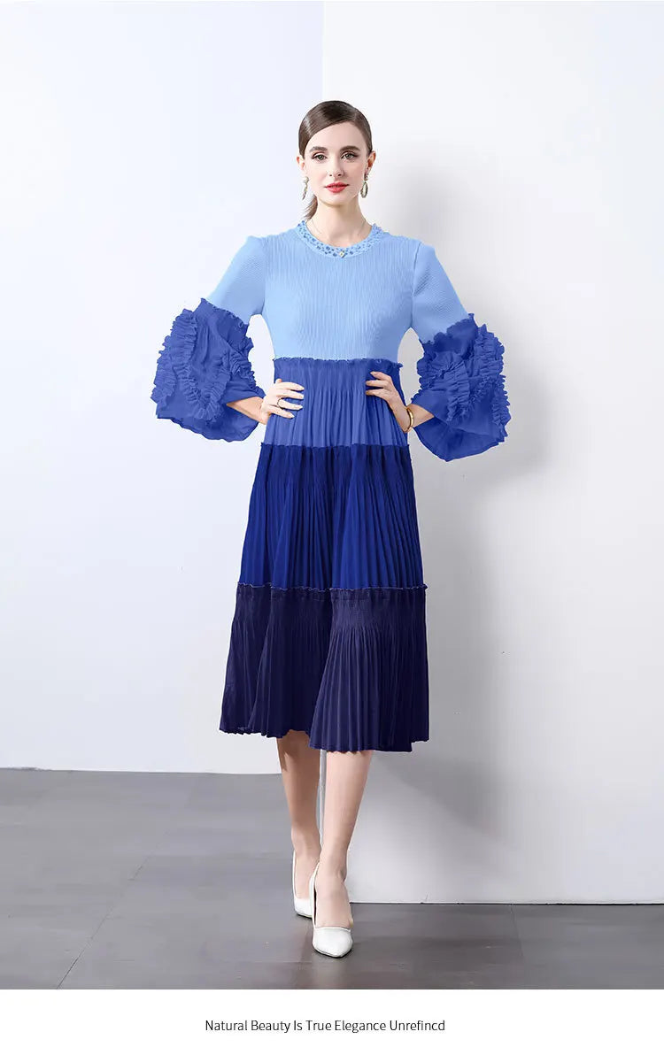 Ombre Pleated Dress - Ruffle Sleeve