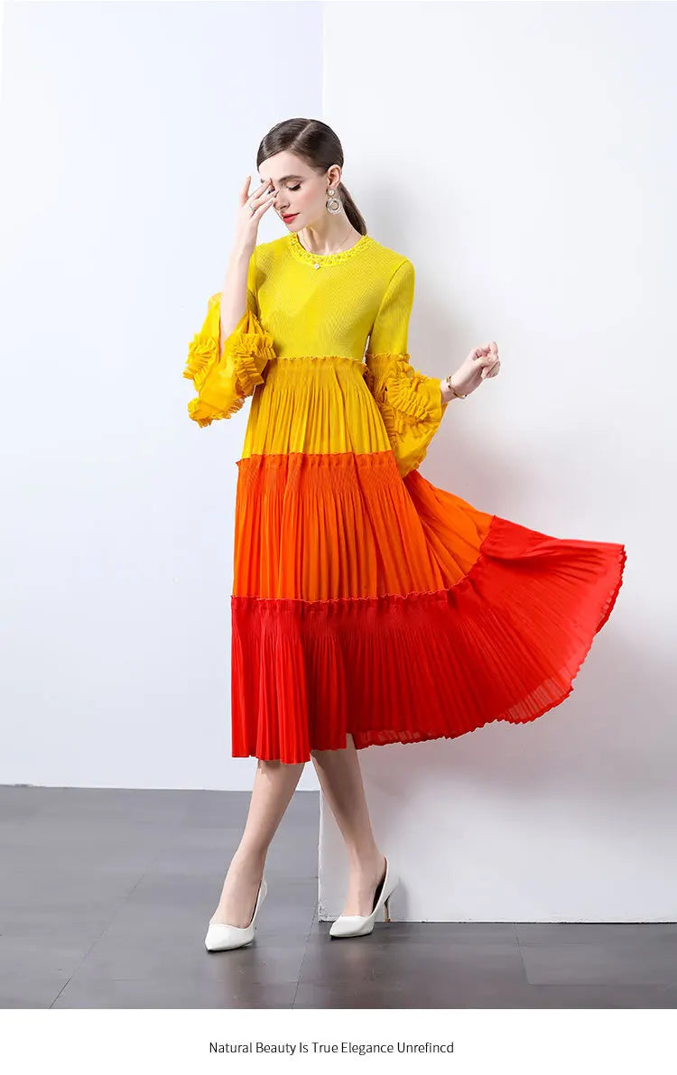 Ombre Pleated Dress - Ruffle Sleeve