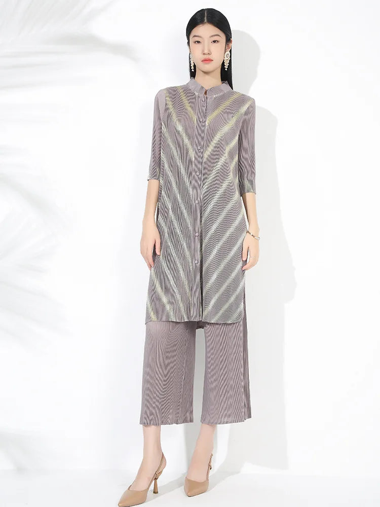 Petite Plissé Pleated 3/4 Sleeve 2-Piece Pant Set