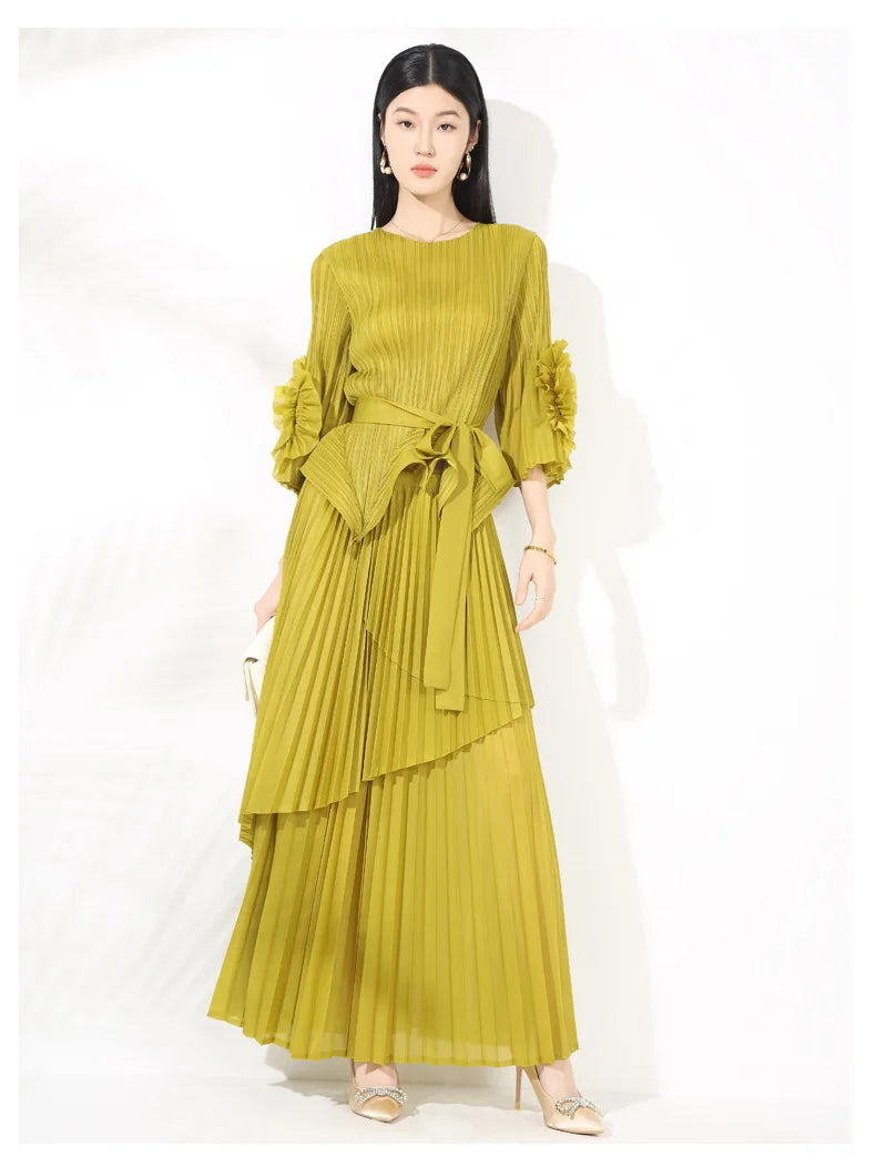 High-End Pleated Midi Skirt Set - Statement Sleeves