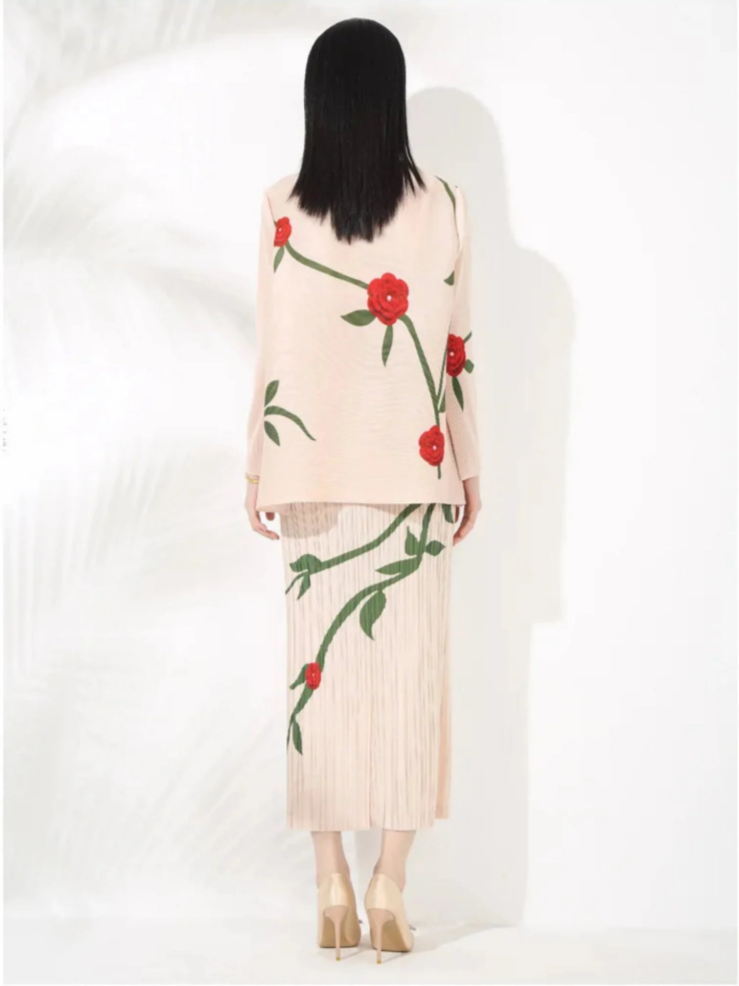 Luxe Feminine Rose Top & Pleated Skirt Set