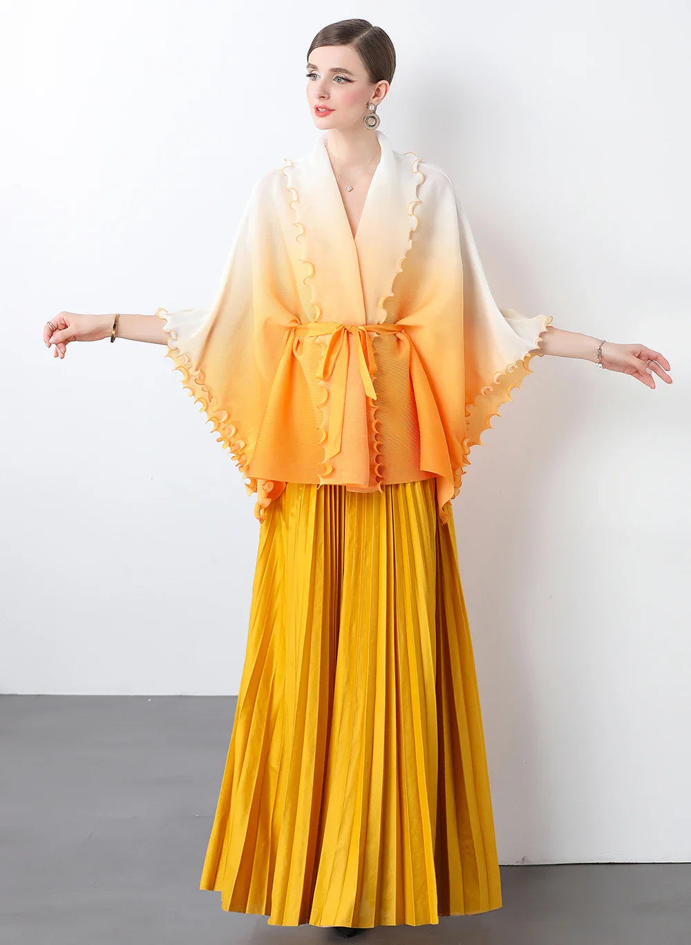 Plissé Pleated Long Skirt With Capelet Top