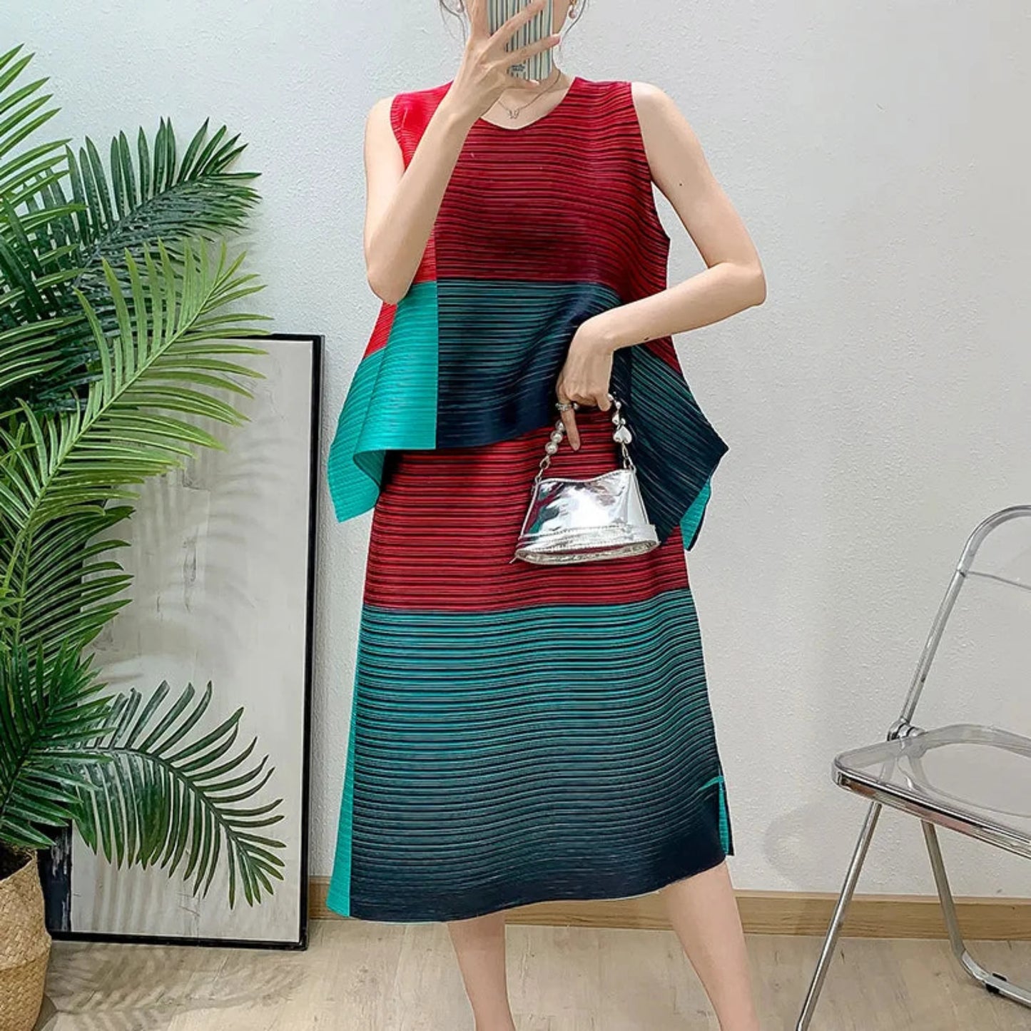 Asymmetric Pleated Sleeveless Top & Skirt