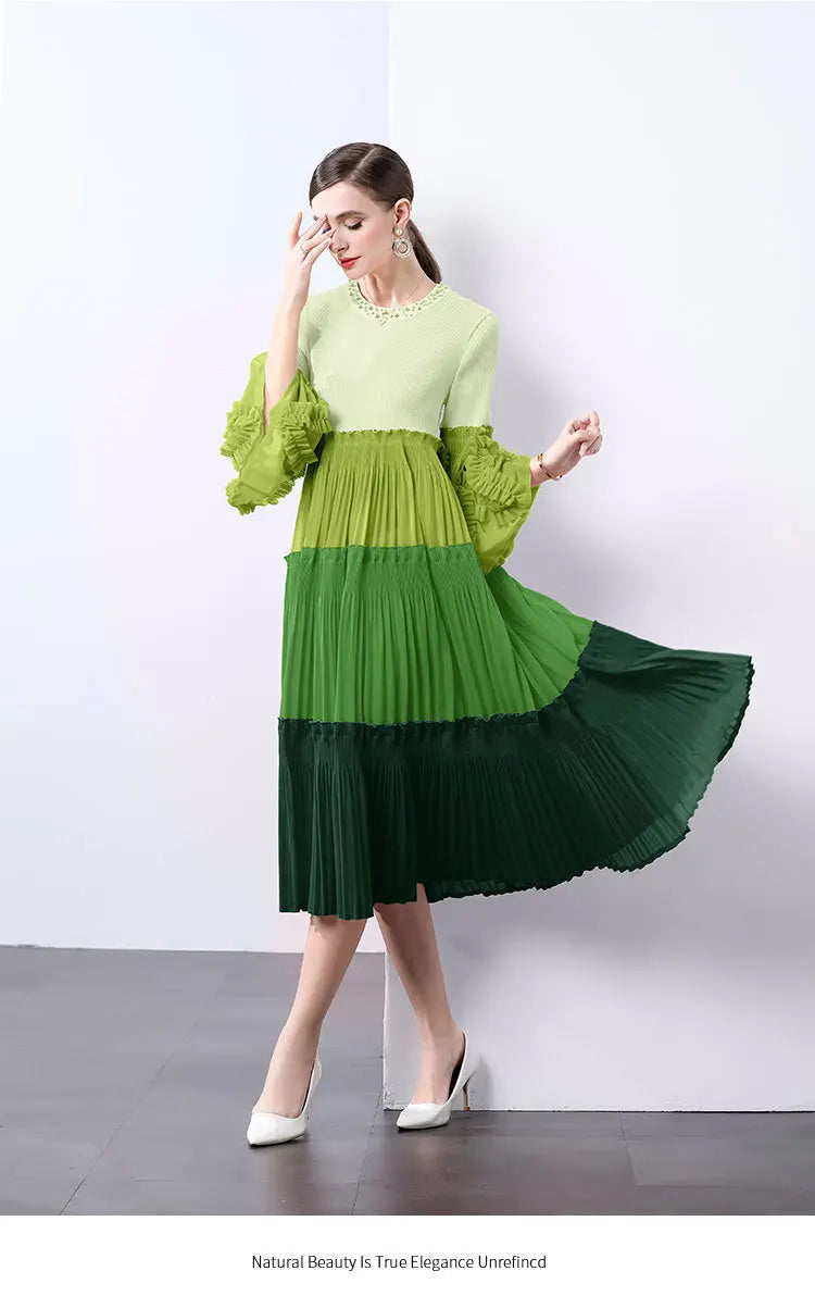 Ombre Pleated Dress - Ruffle Sleeve