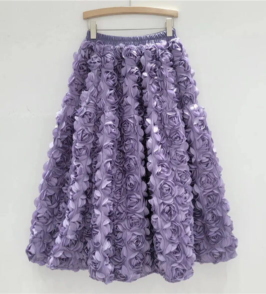 Rose Tulle Romantic Flared Midi Skirt