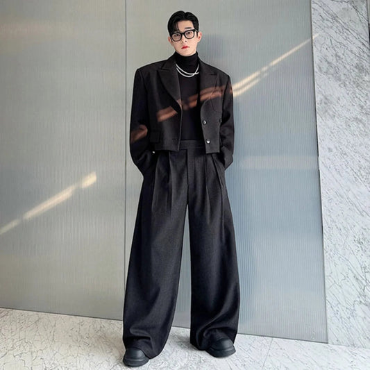 Men's Black Cropped Blazer with Trousers - 2 Piece