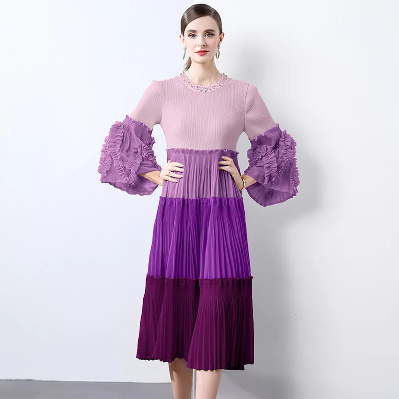 Ombre Pleated Dress - Ruffle Sleeve