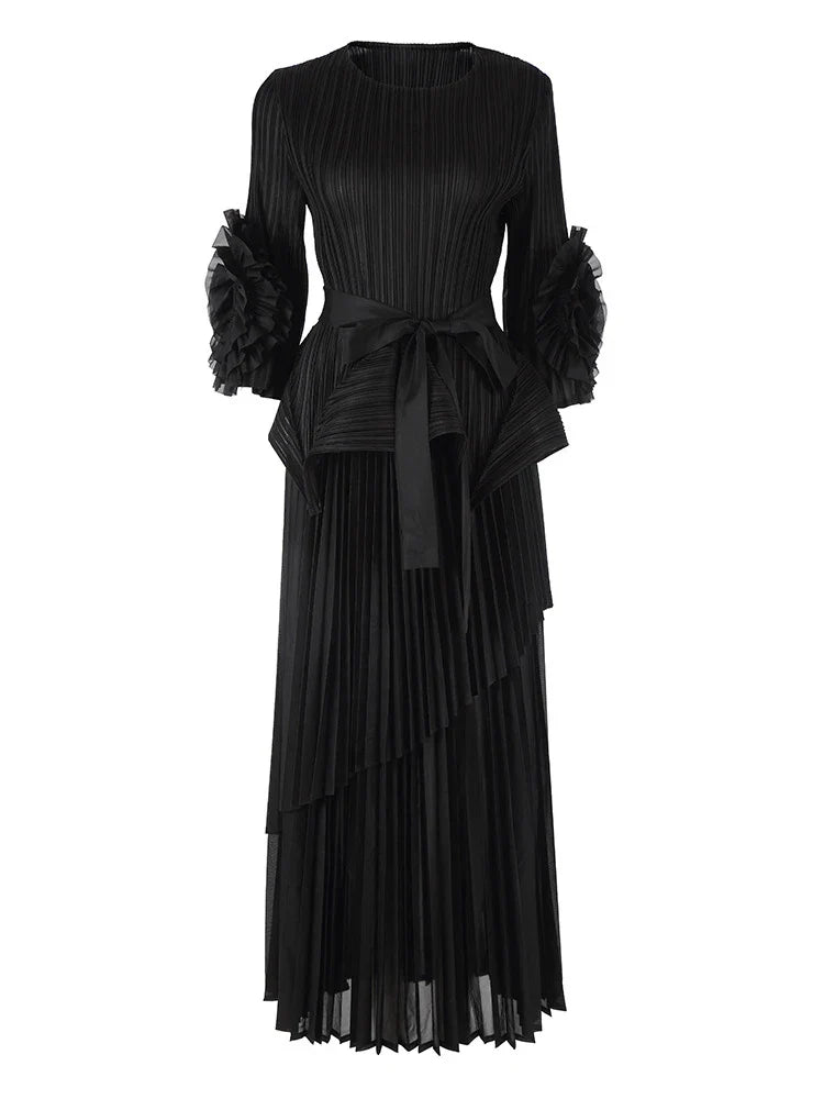 High-End Pleated Midi Skirt Set - Statement Sleeves