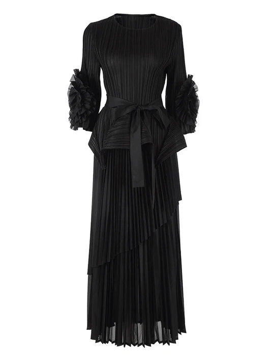 High-End Pleated Midi Skirt Set - Statement Sleeves