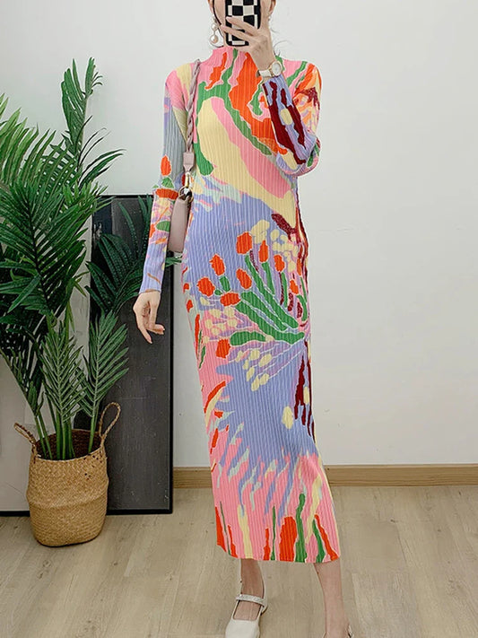 Women's Boho Pastel Slim Fit Midi Pleated Dress