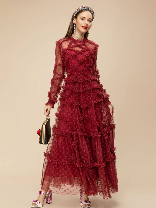 Wine Red Ruffle Mesh Midi Dress