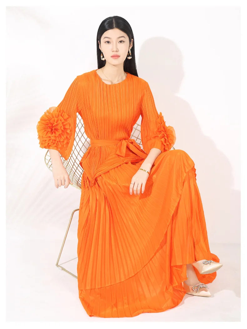 High-End Pleated Midi Skirt Set - Statement Sleeves