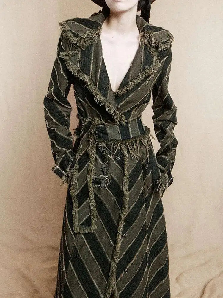 Striped Rustic Denim Trench Coat