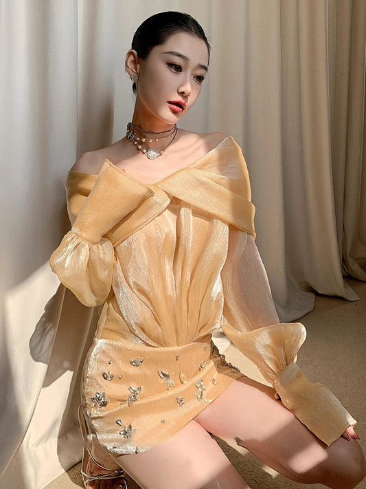 Sheer Mini Dress - Crystals & Off Shoulder