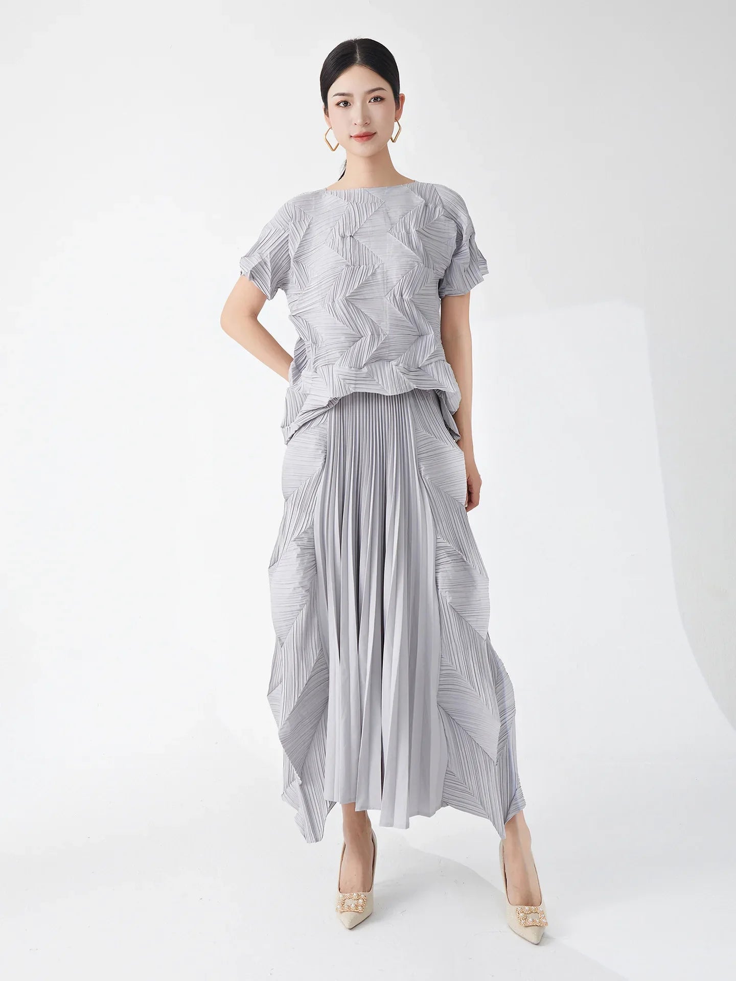Ikebana Pleated Geometric Top and Skirt