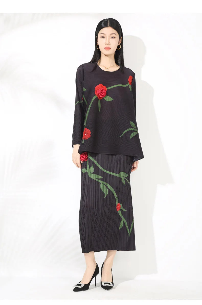 Luxe Feminine Rose Top & Pleated Skirt Set