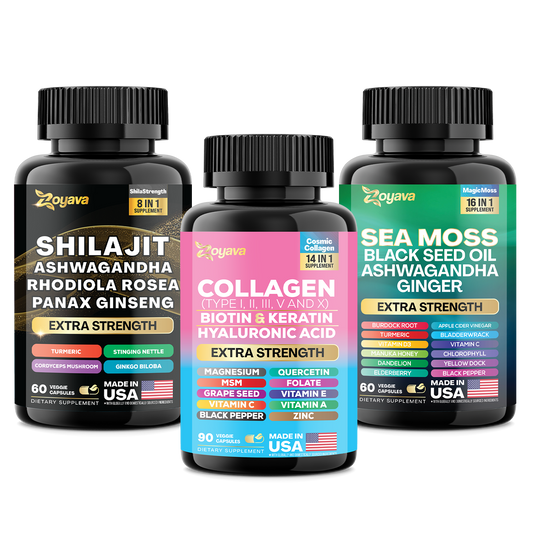 Zoyava™ Vitality & Radiance Trio: Sea Moss 16-in-1 Magic Blend +Shilajit 8-in-1 Bulletproofblend+Collagen 14-in-1 Anti-Agingprotein Blend