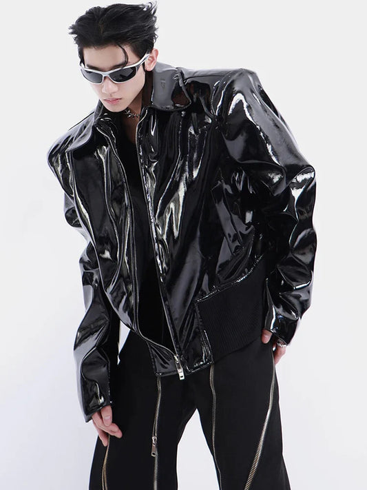Men's Shiny Faux Leather Biker Jacket | Luxury Streetwear