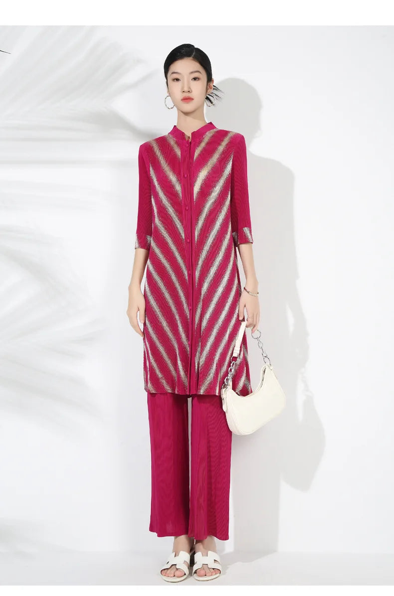 Petite Plissé Pleated 3/4 Sleeve 2-Piece Pant Set