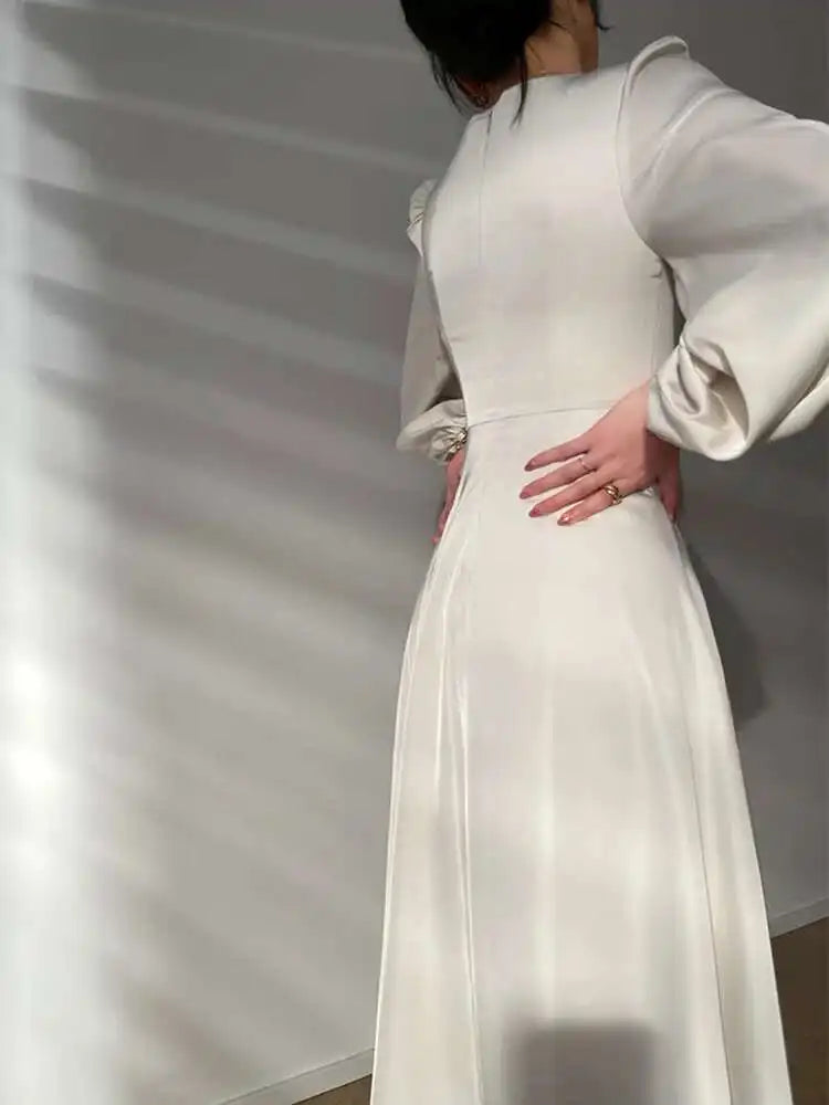 Cream Satin Midi Dress with Pearls