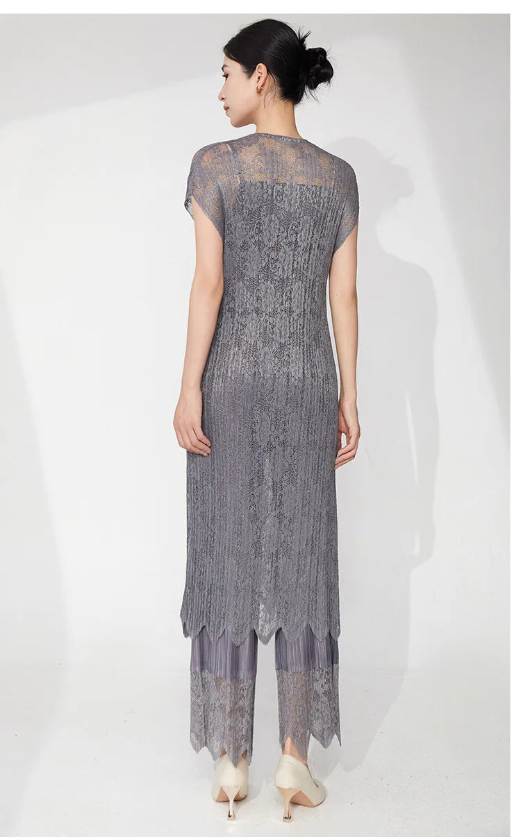 2-Piece Lace Pleated Palazzo Pants Outfit