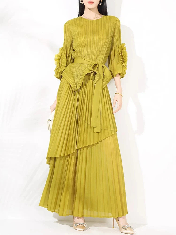 High-End Pleated Midi Skirt Set - Statement Sleeves