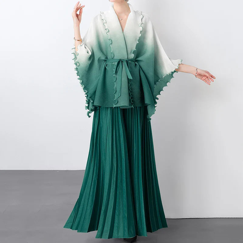 Plissé Pleated Long Skirt With Capelet Top