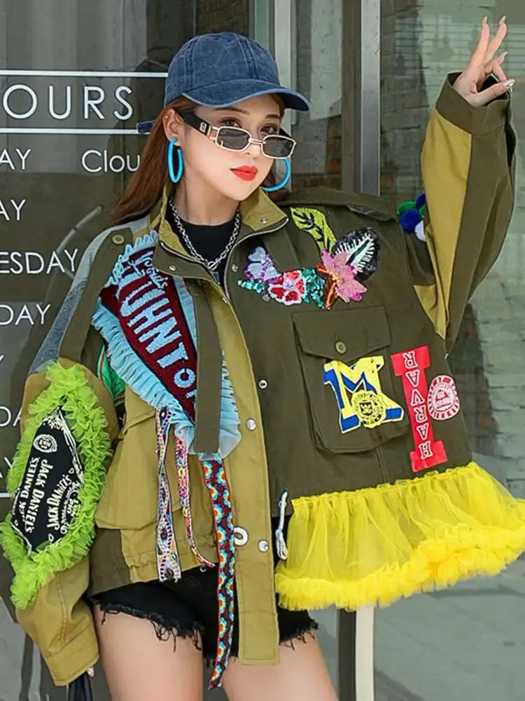 Luxe Patchwork Ruffled Bomber Jacket