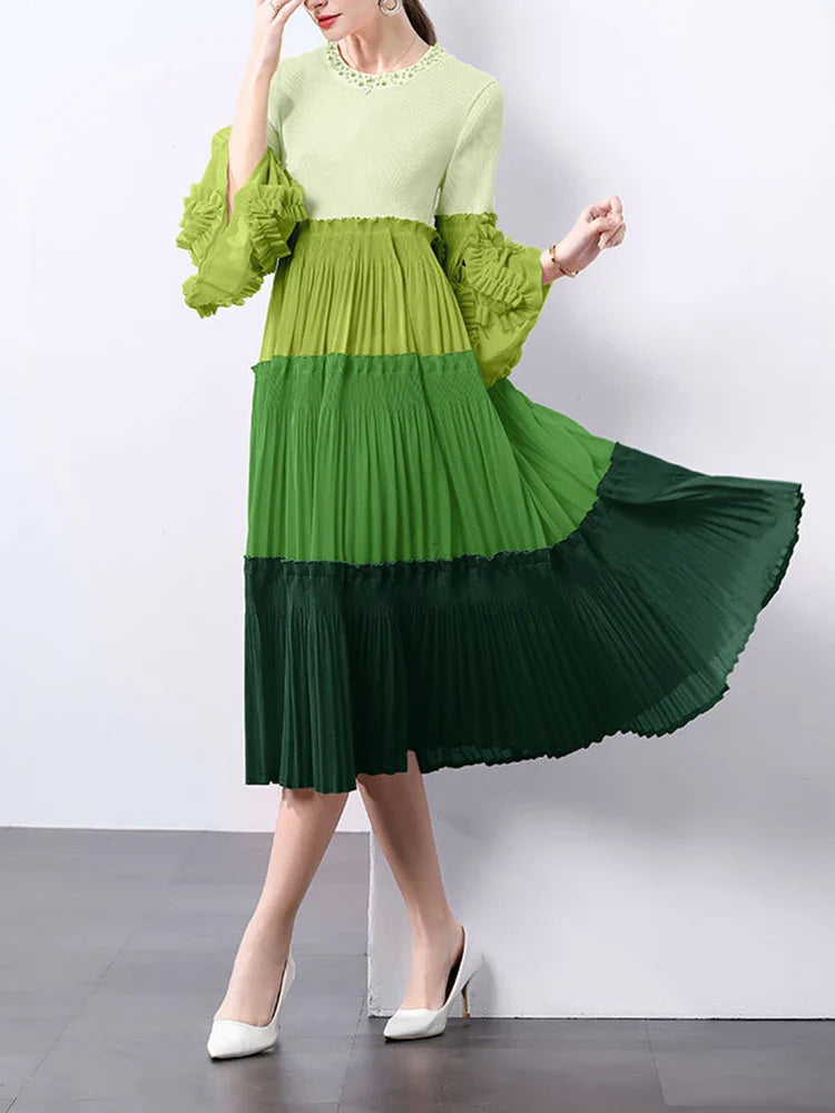 Ombre Pleated Dress - Ruffle Sleeve