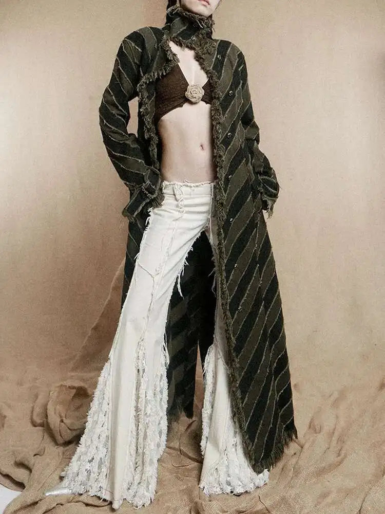 Striped Rustic Denim Trench Coat