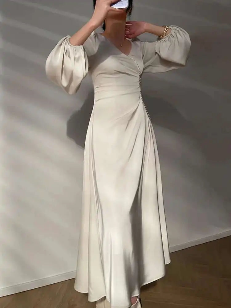 Cream Satin Midi Dress with Pearls