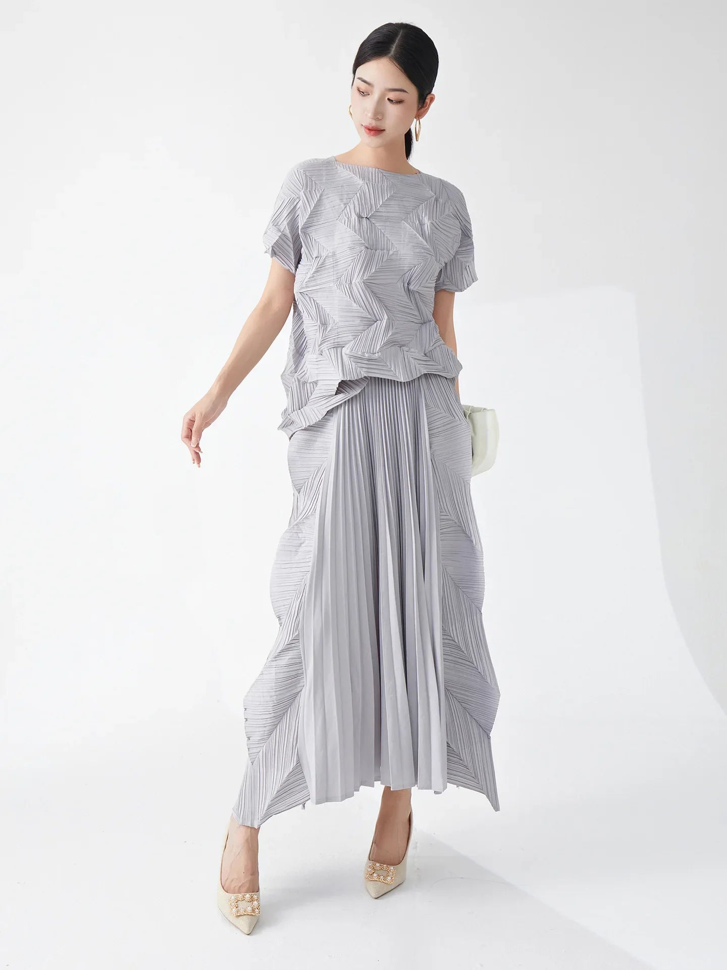 Ikebana Pleated Geometric Top and Skirt