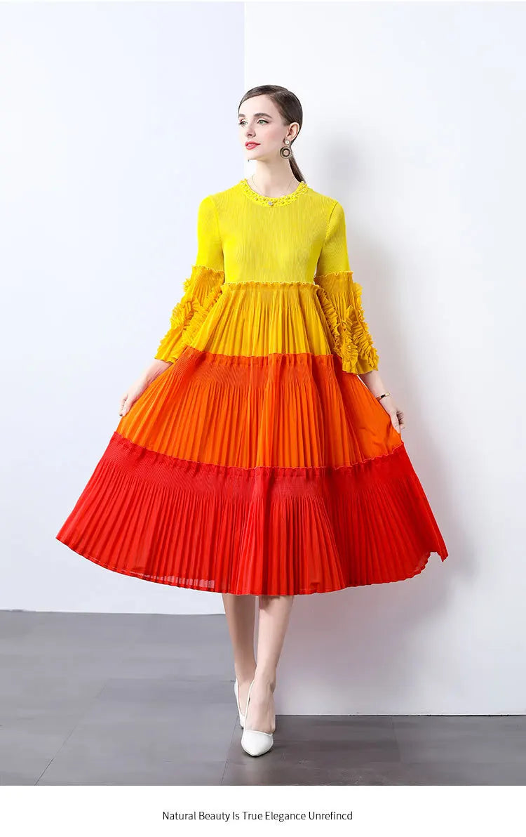 Ombre Pleated Dress - Ruffle Sleeve