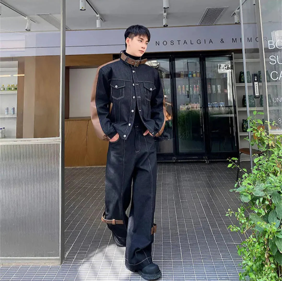 Men's Dark Denim Brown Leather 2-Piece Set