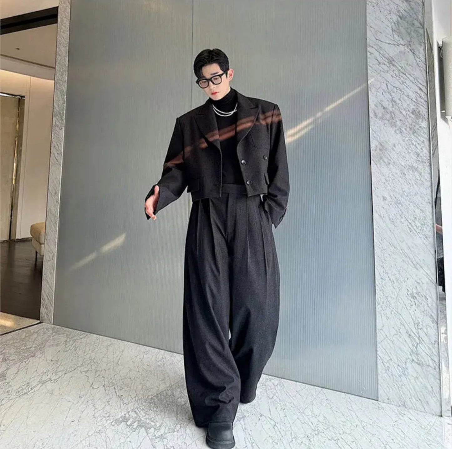 Men's Black Cropped Blazer with Trousers - 2 Piece