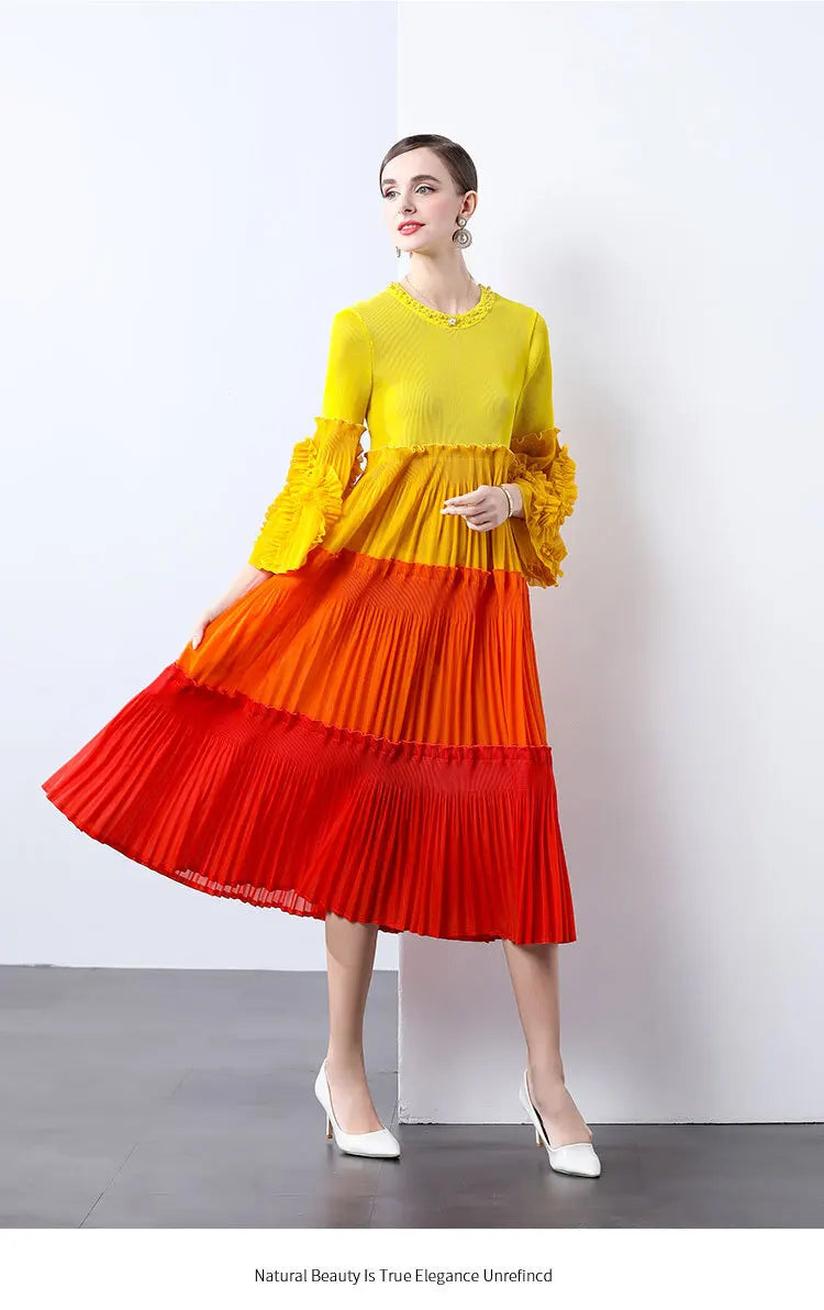 Ombre Pleated Dress - Ruffle Sleeve