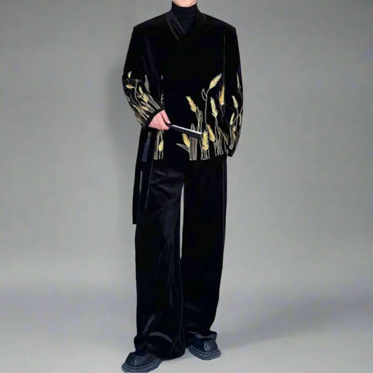 Men's Black Embroidered Velour Suit - Limited Edition